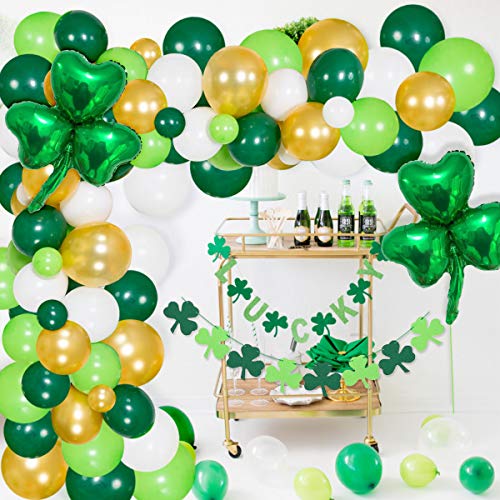 St. Patrick’s Theme Balloon Garland Decorations for Lucky Irish Party, Shamrock Garland Balloon Arch Kit Green and Gold