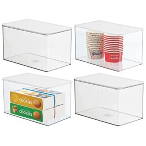 mdesign plastic stackable kitchen pantry cabinet or refrigerator food storage container box, attached hinged lid - organizer for snacks, produce, pasta, lumiere collection - 4 pack - clear/white