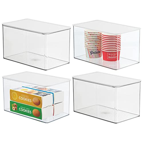 mDesign Plastic Stackable Kitchen Pantry Cabinet or Refrigerator Food Storage Container Box, Attached Hinged Lid - Organizer for Snacks, Produce, Pasta, Lumiere Collection - 4 Pack - Clear/White