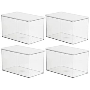 mDesign Plastic Stackable Kitchen Pantry Cabinet or Refrigerator Food Storage Container Box, Attached Hinged Lid - Organizer for Snacks, Produce, Pasta, Lumiere Collection - 4 Pack - Clear/White