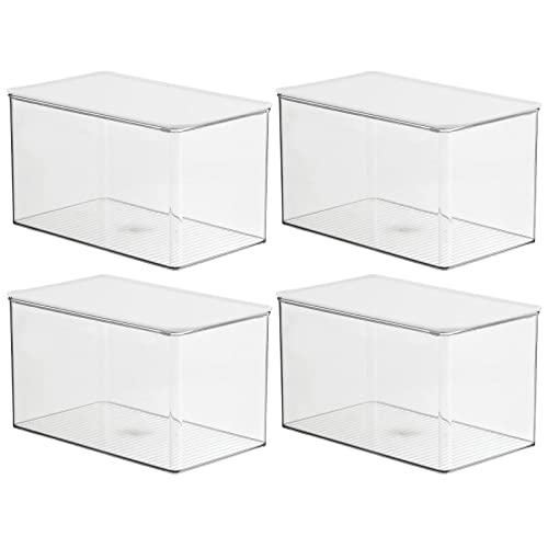 mDesign Plastic Stackable Kitchen Pantry Cabinet or Refrigerator Food Storage Container Box, Attached Hinged Lid - Organizer for Snacks, Produce, Pasta, Lumiere Collection - 4 Pack - Clear/White