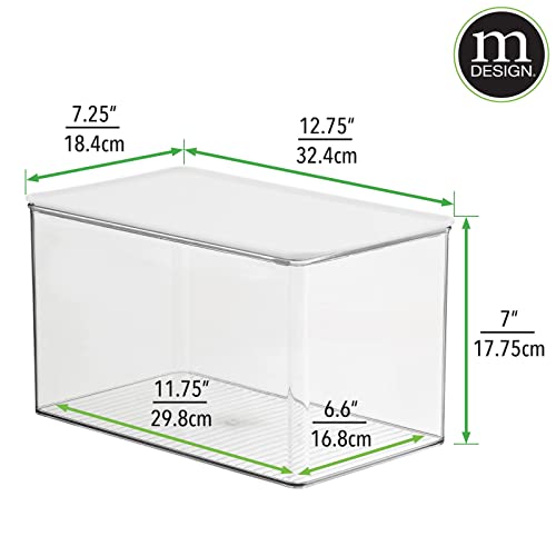 mDesign Plastic Stackable Kitchen Pantry Cabinet or Refrigerator Food Storage Container Box, Attached Hinged Lid - Organizer for Snacks, Produce, Pasta, Lumiere Collection - 4 Pack - Clear/White