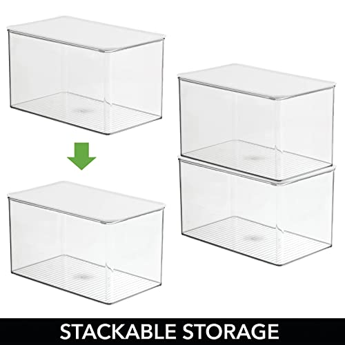 mDesign Plastic Stackable Kitchen Pantry Cabinet or Refrigerator Food Storage Container Box, Attached Hinged Lid - Organizer for Snacks, Produce, Pasta, Lumiere Collection - 4 Pack - Clear/White