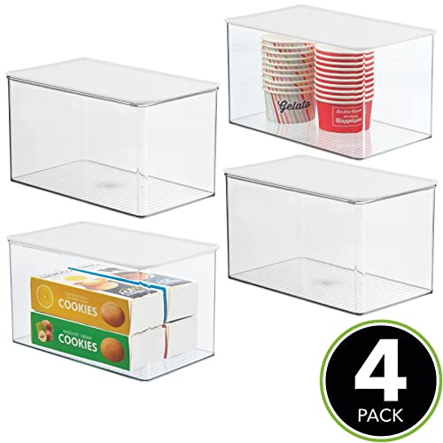 mDesign Plastic Stackable Kitchen Pantry Cabinet or Refrigerator Food Storage Container Box, Attached Hinged Lid - Organizer for Snacks, Produce, Pasta, Lumiere Collection - 4 Pack - Clear/White