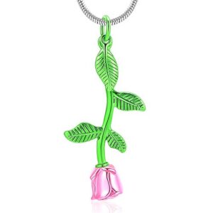 Rose Flower Cremation Jewelry Urn Necklaces for Ashes, Cremation Ash Jewelry Memorial Pendants for Human Pets Ashes(Green-Pink)