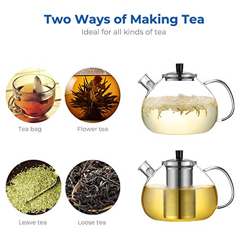 67oz XL Large Glass Teapot with Infuser Stovetop Safe, Tea Pots for Loose Tea Glass, Glass Tea Kettle for Stove Top, Clear Teapot with Strainer for Loose Tea (2000ml, 8 Cups)