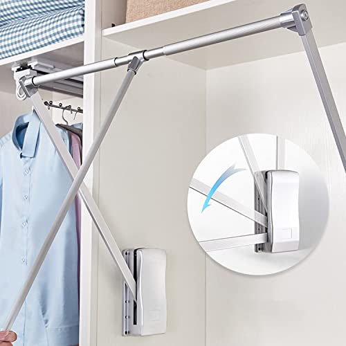 Pull Down Closet Rods, Adjustable 35-48 Inch Wardrobe Rail Lift Collapsible Closet Rod Aluminium Retractable Wardrobe Hanger Clothing Rail Closet Lift Organizer Storage Lift for Wardrobe Bedroom