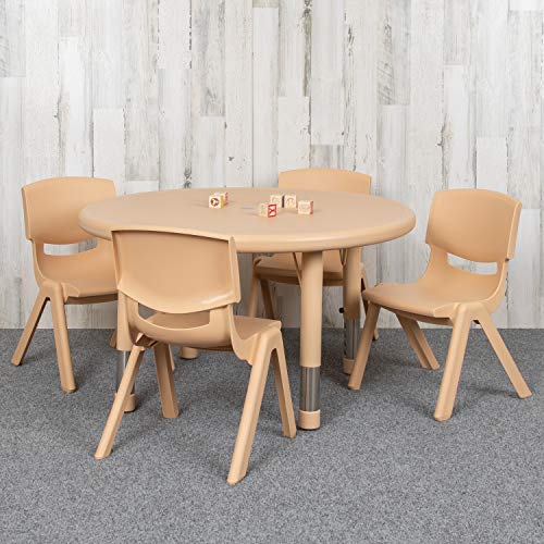 Flash Furniture Emmy 33" Round Natural Plastic Height Adjustable Activity Table Set with 4 Chairs