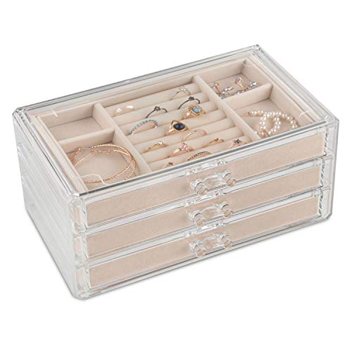 Acrylic Jewelry Organizer Box Women - 3 Drawers Clear Storage Case for Girls - Bracelet, Necklace & Ring Holder with Velvet Lining by Simple Goods