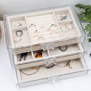 Acrylic Jewelry Organizer Box Women - 3 Drawers Clear Storage Case for Girls - Bracelet, Necklace & Ring Holder with Velvet Lining by Simple Goods