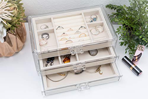 Acrylic Jewelry Organizer Box Women - 3 Drawers Clear Storage Case for Girls - Bracelet, Necklace & Ring Holder with Velvet Lining by Simple Goods