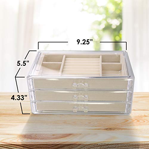 Acrylic Jewelry Organizer Box Women - 3 Drawers Clear Storage Case for Girls - Bracelet, Necklace & Ring Holder with Velvet Lining by Simple Goods