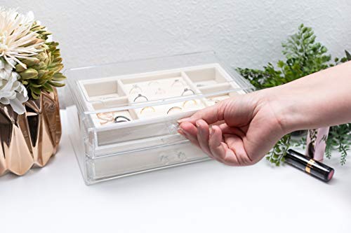 Acrylic Jewelry Organizer Box Women - 3 Drawers Clear Storage Case for Girls - Bracelet, Necklace & Ring Holder with Velvet Lining by Simple Goods