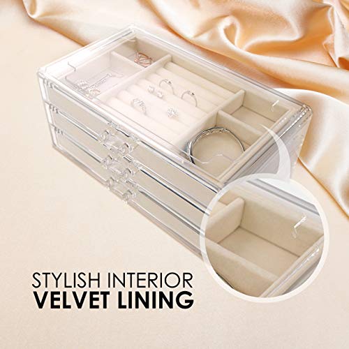 Acrylic Jewelry Organizer Box Women - 3 Drawers Clear Storage Case for Girls - Bracelet, Necklace & Ring Holder with Velvet Lining by Simple Goods