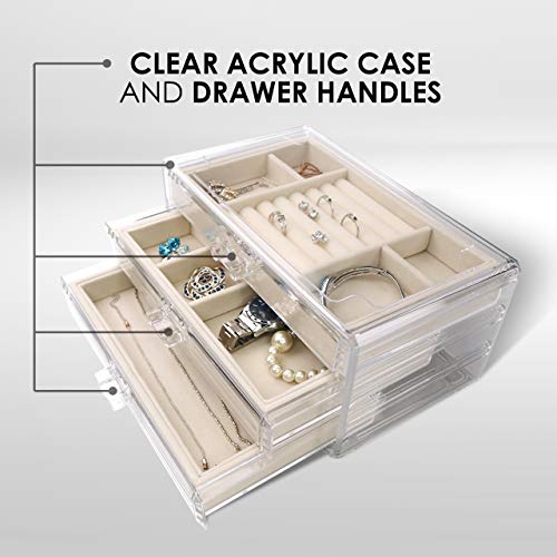 Acrylic Jewelry Organizer Box Women - 3 Drawers Clear Storage Case for Girls - Bracelet, Necklace & Ring Holder with Velvet Lining by Simple Goods