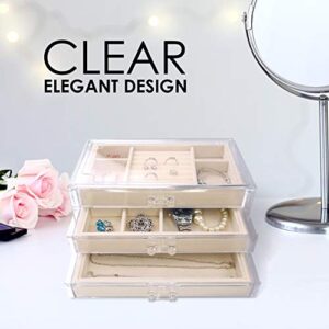 Acrylic Jewelry Organizer Box Women - 3 Drawers Clear Storage Case for Girls - Bracelet, Necklace & Ring Holder with Velvet Lining by Simple Goods