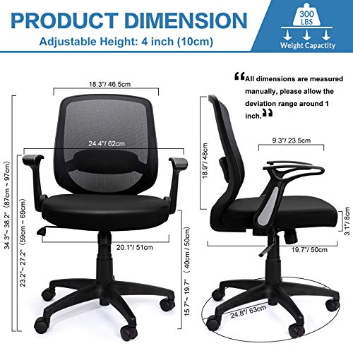 KOLLIEE Mid Back Mesh Office Chair Ergonomic Swivel Black Desk Office Chair Flip Up Armrests with Lumbar Support Adjustable Height Computer Task Chairs