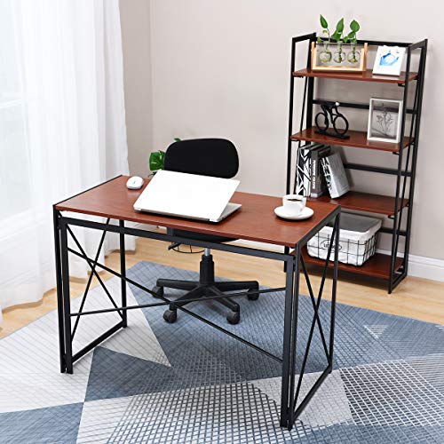 Writing Computer Desk Modern Simple Study Desk Industrial Style Folding Laptop Table for Home Office Notebook Desk Walnut Brown Desktop Black Frame…