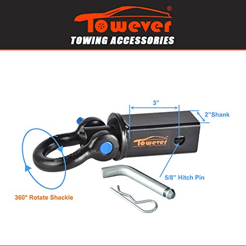 Towever 83710 Shackle Hitch Receiver 2 Inch(360 Degree Rotate D Ring for Towing Strap), Tow Hitch Accessories for Vehicle, Off-Road Recovery