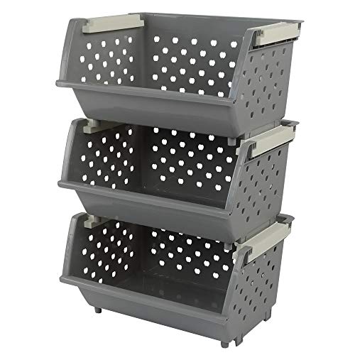 Eagrye Plastic Stackable Storage Bins, Multi-functional Stacking Basket, Grey, Pack of 3