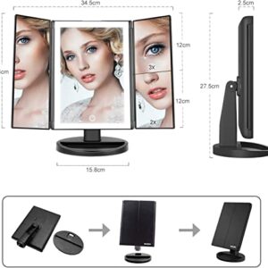 WEILY Lighted Vanity Makeup Mirror 1x/2x/3x Magnification Trifold with 36 LED Lights Touch Screen and USB Charging, 180 Degree Adjustable Stand for Countertop Cosmetic Makeup Mirror(Black)