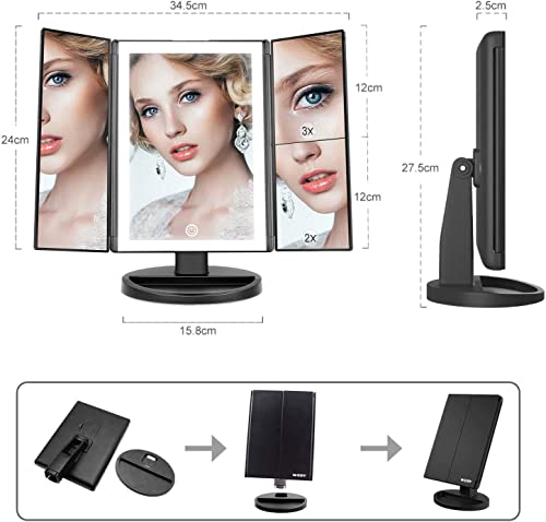 WEILY Lighted Vanity Makeup Mirror 1x/2x/3x Magnification Trifold with 36 LED Lights Touch Screen and USB Charging, 180 Degree Adjustable Stand for Countertop Cosmetic Makeup Mirror(Black)