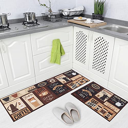 Carvapet 2 Piece Kitchen Rug Set Non-Slip Backing Mat Throw Rug for Kitchen Doormat Runner Rug Set,Cafe Design (17"x48"+17"x24")