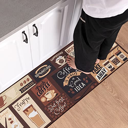 Carvapet 2 Piece Kitchen Rug Set Non-Slip Backing Mat Throw Rug for Kitchen Doormat Runner Rug Set,Cafe Design (17"x48"+17"x24")