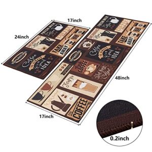 Carvapet 2 Piece Kitchen Rug Set Non-Slip Backing Mat Throw Rug for Kitchen Doormat Runner Rug Set,Cafe Design (17"x48"+17"x24")