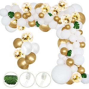 rubfac 145pcs white balloon arch garland kit white gold and golden confetti balloons for parties,baby shower, wedding, engagements, anniversary, birthday decorations diy with artificial palm leaves
