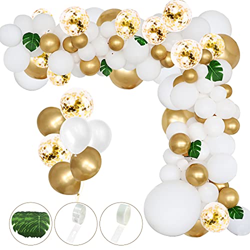 RUBFAC 145pcs White Balloon Arch Garland Kit White Gold and Golden Confetti Balloons for Parties,Baby Shower, Wedding, Engagements, Anniversary, Birthday Decorations DIY with Artificial Palm Leaves