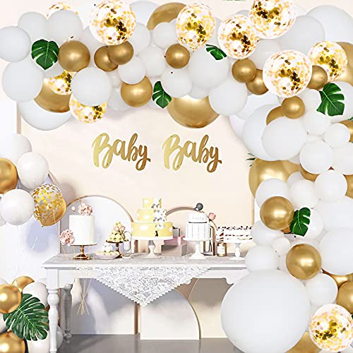 RUBFAC 145pcs White Balloon Arch Garland Kit White Gold and Golden Confetti Balloons for Parties,Baby Shower, Wedding, Engagements, Anniversary, Birthday Decorations DIY with Artificial Palm Leaves