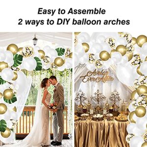 RUBFAC 145pcs White Balloon Arch Garland Kit White Gold and Golden Confetti Balloons for Parties,Baby Shower, Wedding, Engagements, Anniversary, Birthday Decorations DIY with Artificial Palm Leaves