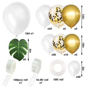 RUBFAC 145pcs White Balloon Arch Garland Kit White Gold and Golden Confetti Balloons for Parties,Baby Shower, Wedding, Engagements, Anniversary, Birthday Decorations DIY with Artificial Palm Leaves