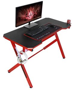 jjs 48" home office gaming computer desk, r shaped large gamer workstation pc table with cup holder headphone hook free mouse pad, black/red