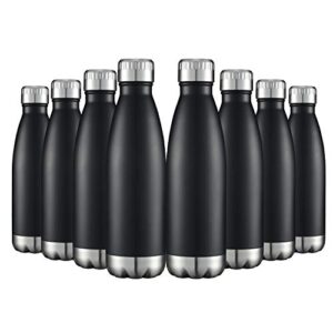 hasle outfitters 17oz stainless steel water bottles bulk, vacuum insulated water bottles double walled reusable metal sports water bottles keep drinks hot and cold, black, 8packs