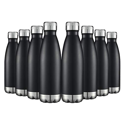 HASLE OUTFITTERS 17oz Stainless Steel Water Bottles Bulk, Vacuum Insulated Water Bottles Double Walled Reusable Metal Sports Water Bottles Keep Drinks Hot and Cold, Black, 8Packs