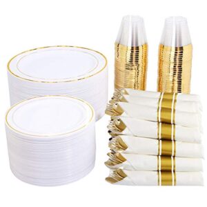 wellife 350 pieces gold plastic plates with disposable silverware and cups, include: 50 dinner plates 10.25”, 50 dessert plates 7.5”, 50 gold rim cups 9 oz, 50 gold cutlery