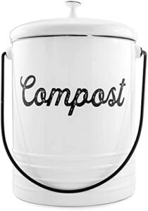 auldhome white enamelware compost bin, farmhouse compost can set with lid and charcoal filters, 1.3 gallon