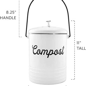 AuldHome White Enamelware Compost Bin, Farmhouse Compost Can Set with Lid and Charcoal Filters, 1.3 Gallon