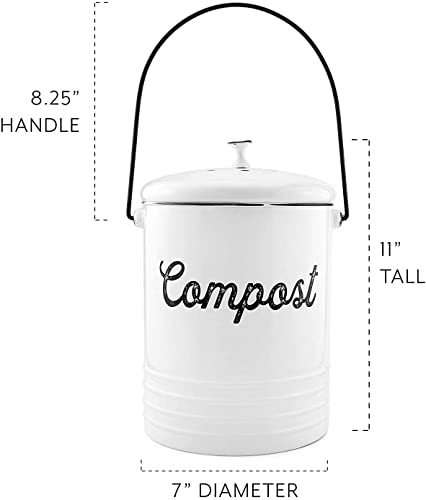 AuldHome White Enamelware Compost Bin, Farmhouse Compost Can Set with Lid and Charcoal Filters, 1.3 Gallon