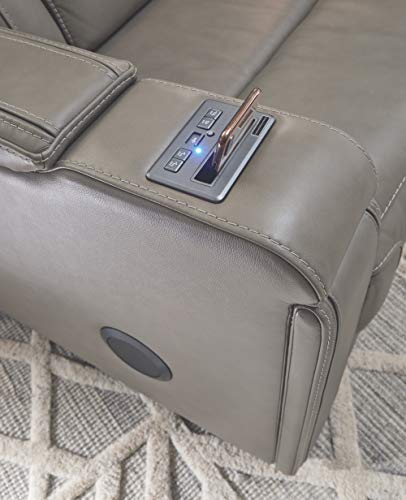 Signature Design by Ashley Boerna Leather Power Recliner with Adjustable Headrest, Bluetooth Speakers & Wireless Charger, Gray 41D x 37W x 44H in