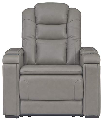 Signature Design by Ashley Boerna Leather Power Recliner with Adjustable Headrest, Bluetooth Speakers & Wireless Charger, Gray 41D x 37W x 44H in