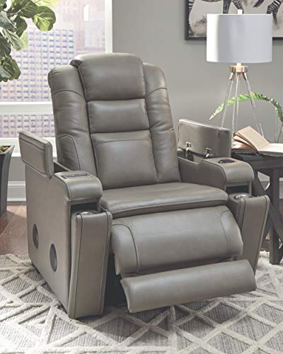 Signature Design by Ashley Boerna Leather Power Recliner with Adjustable Headrest, Bluetooth Speakers & Wireless Charger, Gray 41D x 37W x 44H in