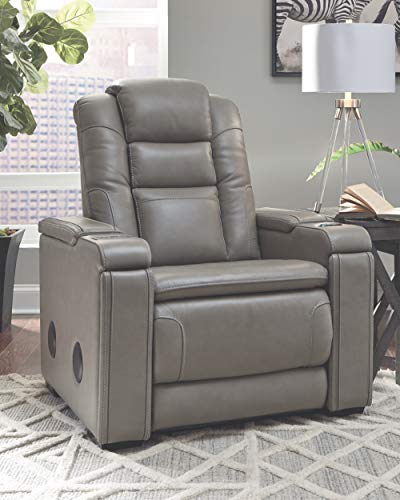 Signature Design by Ashley Boerna Leather Power Recliner with Adjustable Headrest, Bluetooth Speakers & Wireless Charger, Gray 41D x 37W x 44H in