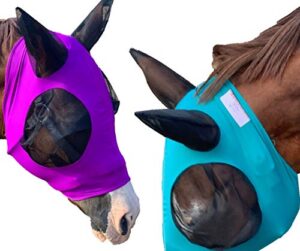 lycra horse fly mask with ears comfort fit mesh trail pasture sun uv protection (arab/cob/small quarter, teal)