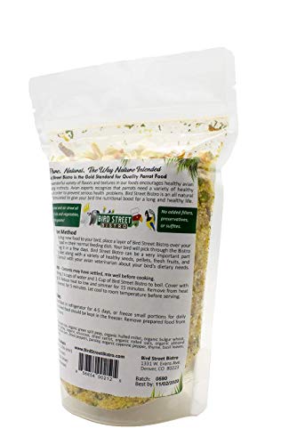 Bird Street Bistro Parrot Food - Parakeet Food - Cockatiel Food - Bird Food - Cooks in 3-15 min w/Natural & Organic Grains - Legumes - Non-GMO Fruits, Vegetables, & Healthy Spices