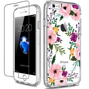 giika iphone 6 6s case with screen protector, not 6 plus clear heavy duty protective case floral girls women shockproof hard pc case with slim tpu bumper cover phone case for iphone 6s, small flowers