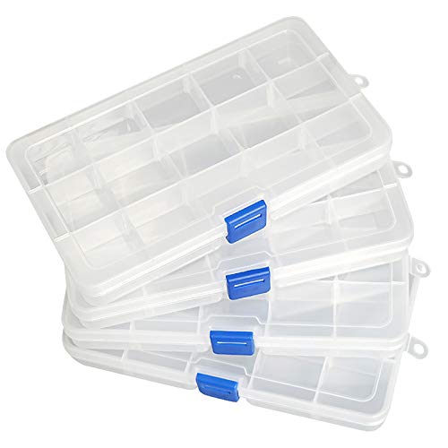 Qualsen 4 Pack Plastic Compartment Box with Adjustable Dividers Craft Tackle Organizer Storage Containers Box 15 Grid (Clear)