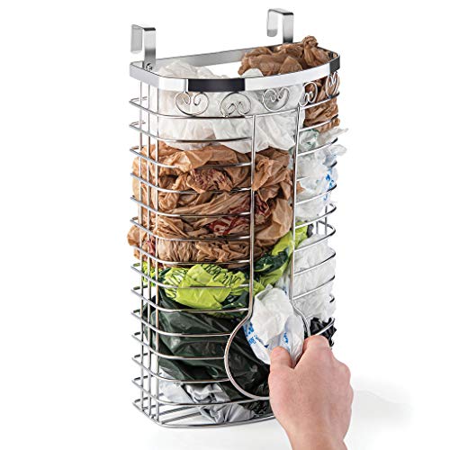 Sagler Grocery Bag Holder - Chrome Plastic Bag Holder - Easy-Access Openings Multi Position use Either Over The Cabinet Kitchen Storage Holder or Wall Mount